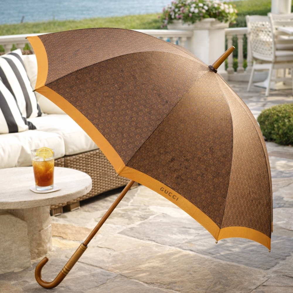 Vintage Gucci GG Monogram Umbrella Brown Tan Gold-Plated Wood Handle